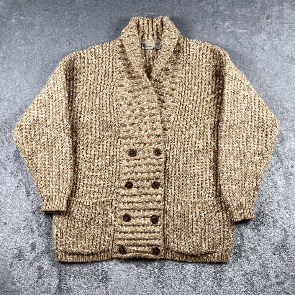 Vtg Liz Claiborne Cardigan Womens Sz M Petite Tan Shawl Double Breasted Wool 90s